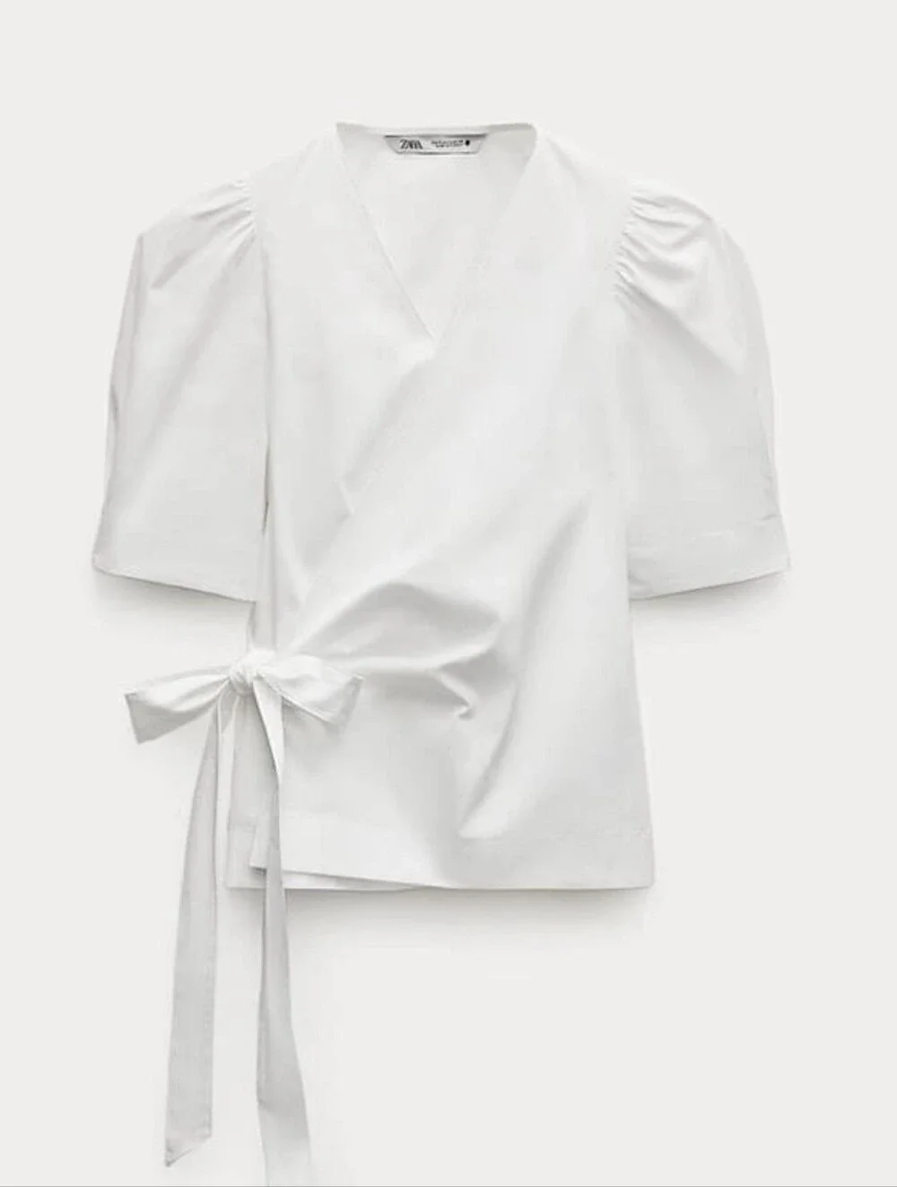 Zara White Side-Tie Wrap Puff-Sleeve Blouse